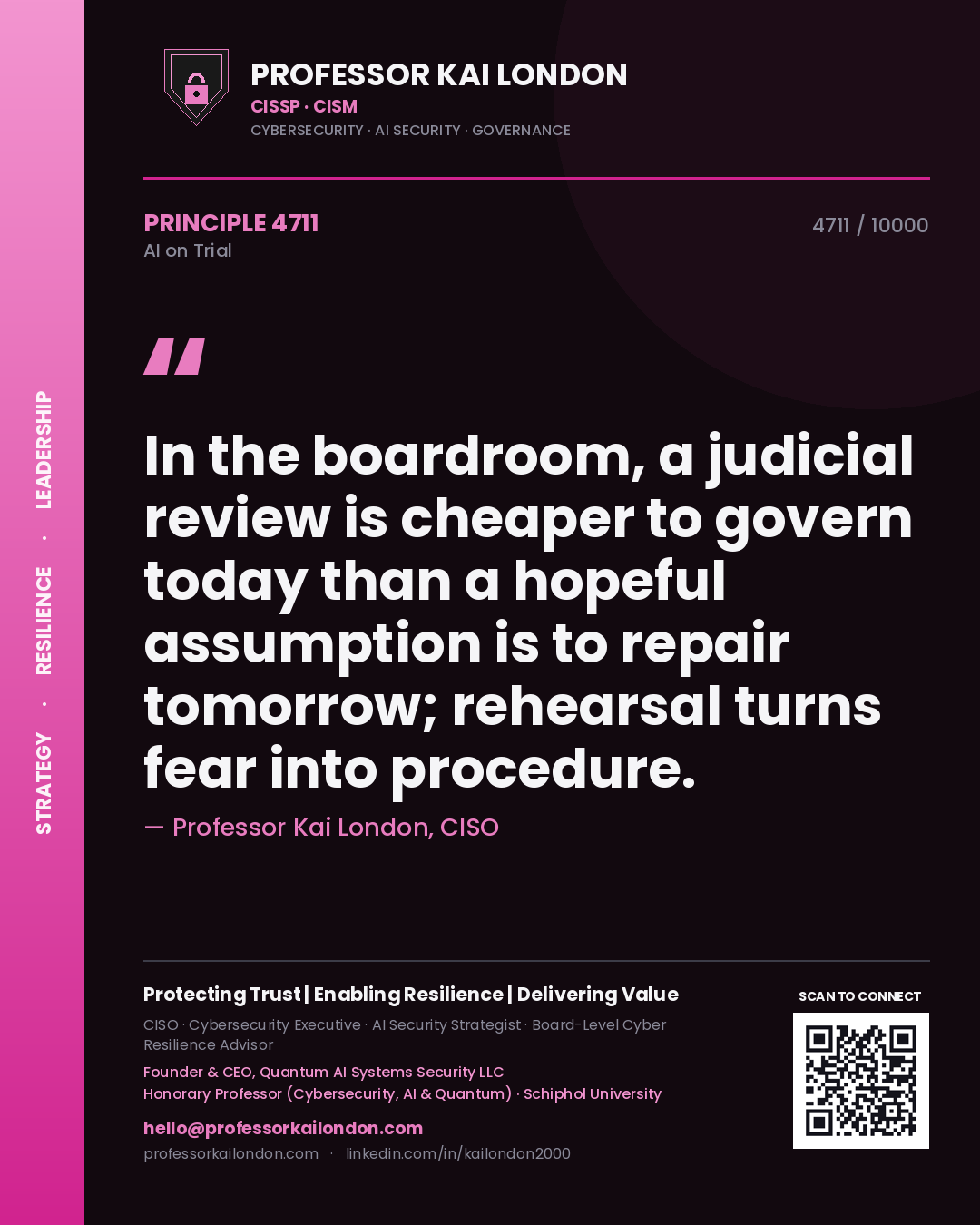 Professor Kai London principle 4711: In the boardroom, a judicial review is cheaper to govern today than a hopeful assumption is to repair tomorrow; rehearsal turns fear into procedure.