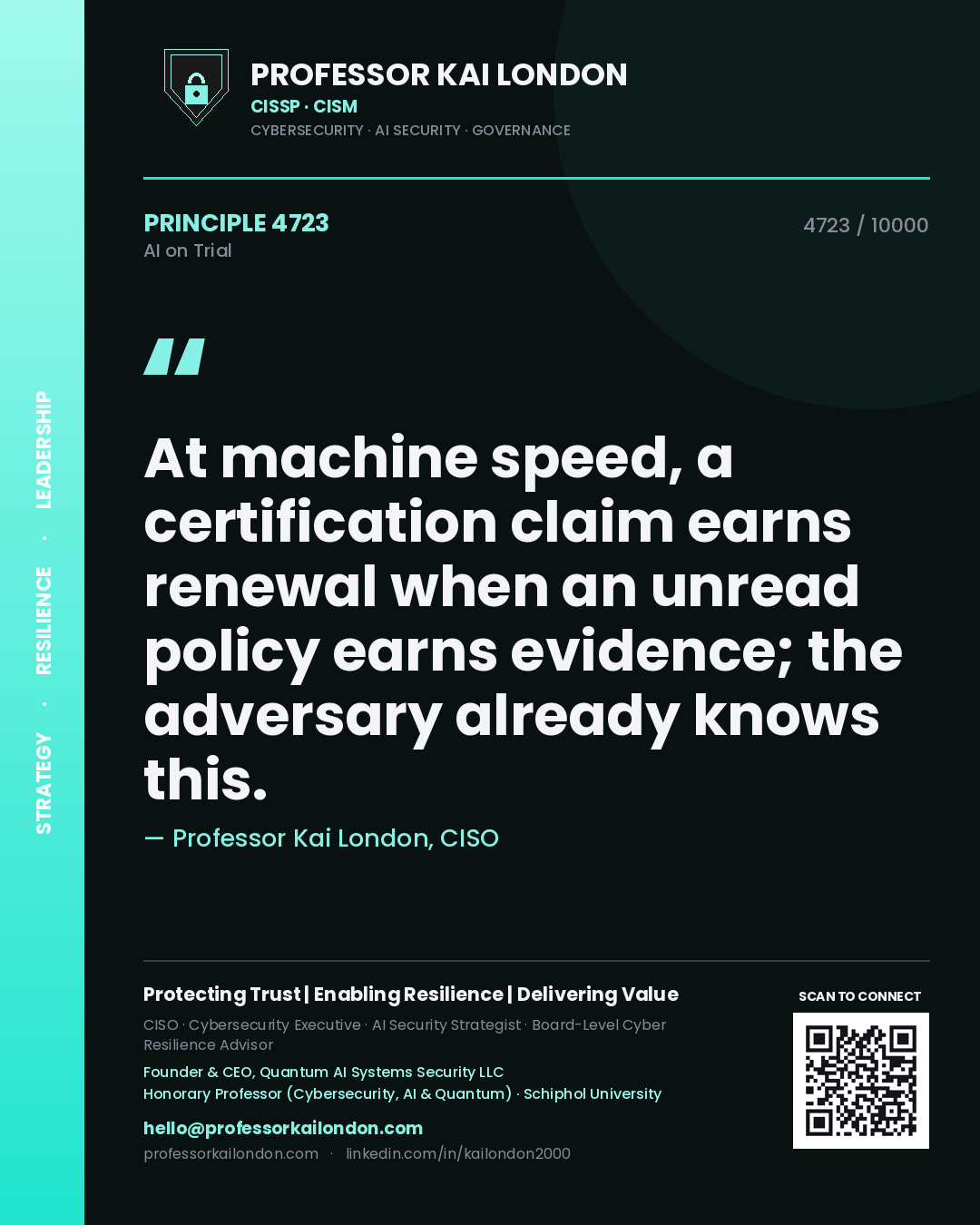 Quote card by Professor Kai London reading 'At machine speed, a certification claim earns renewal when an unread policy earns evidence; the adversary already knows this.'. From the book AI on Trial.