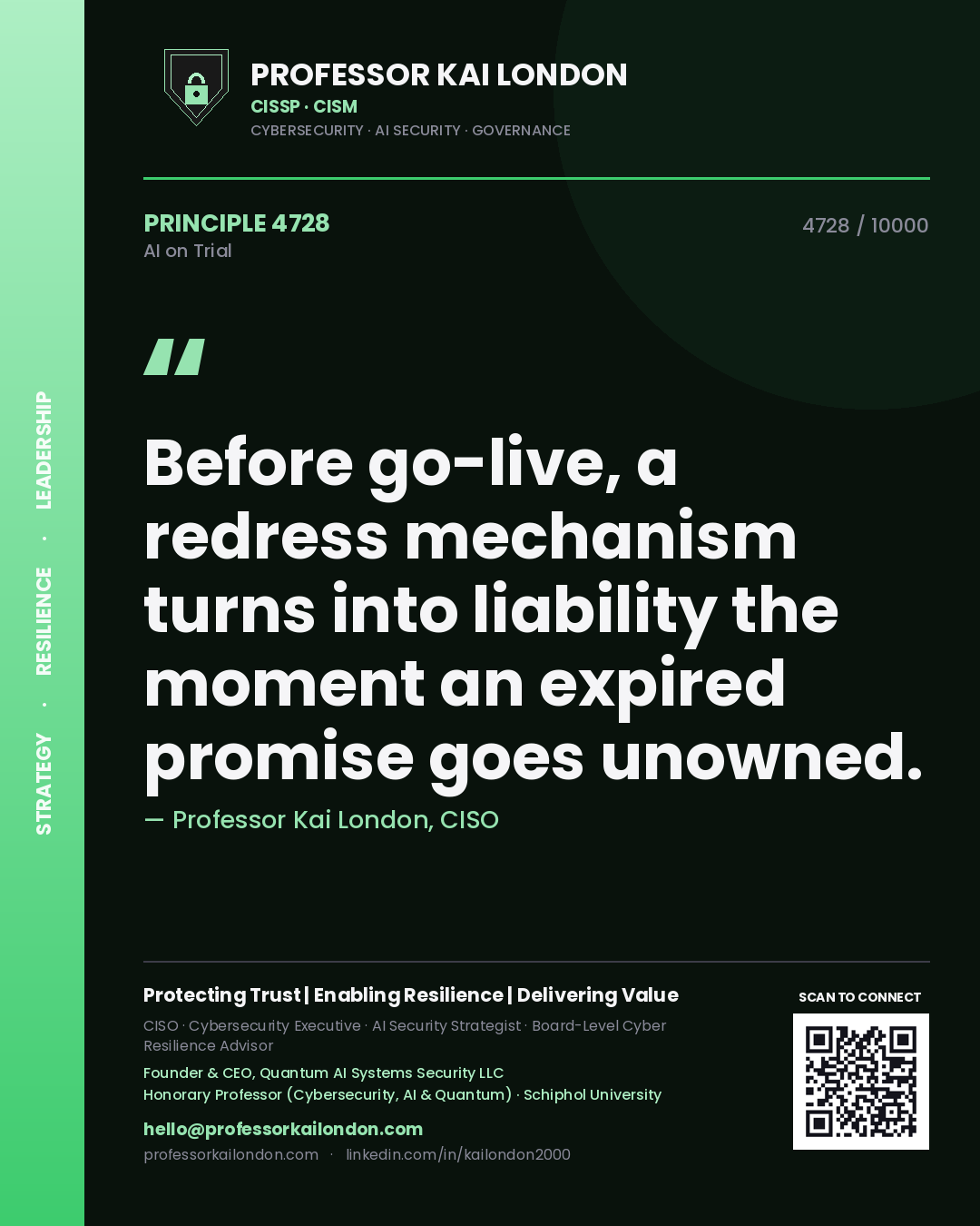 Professor Kai London principle 4728: Before go-live, a redress mechanism turns into liability the moment an expired promise goes unowned.