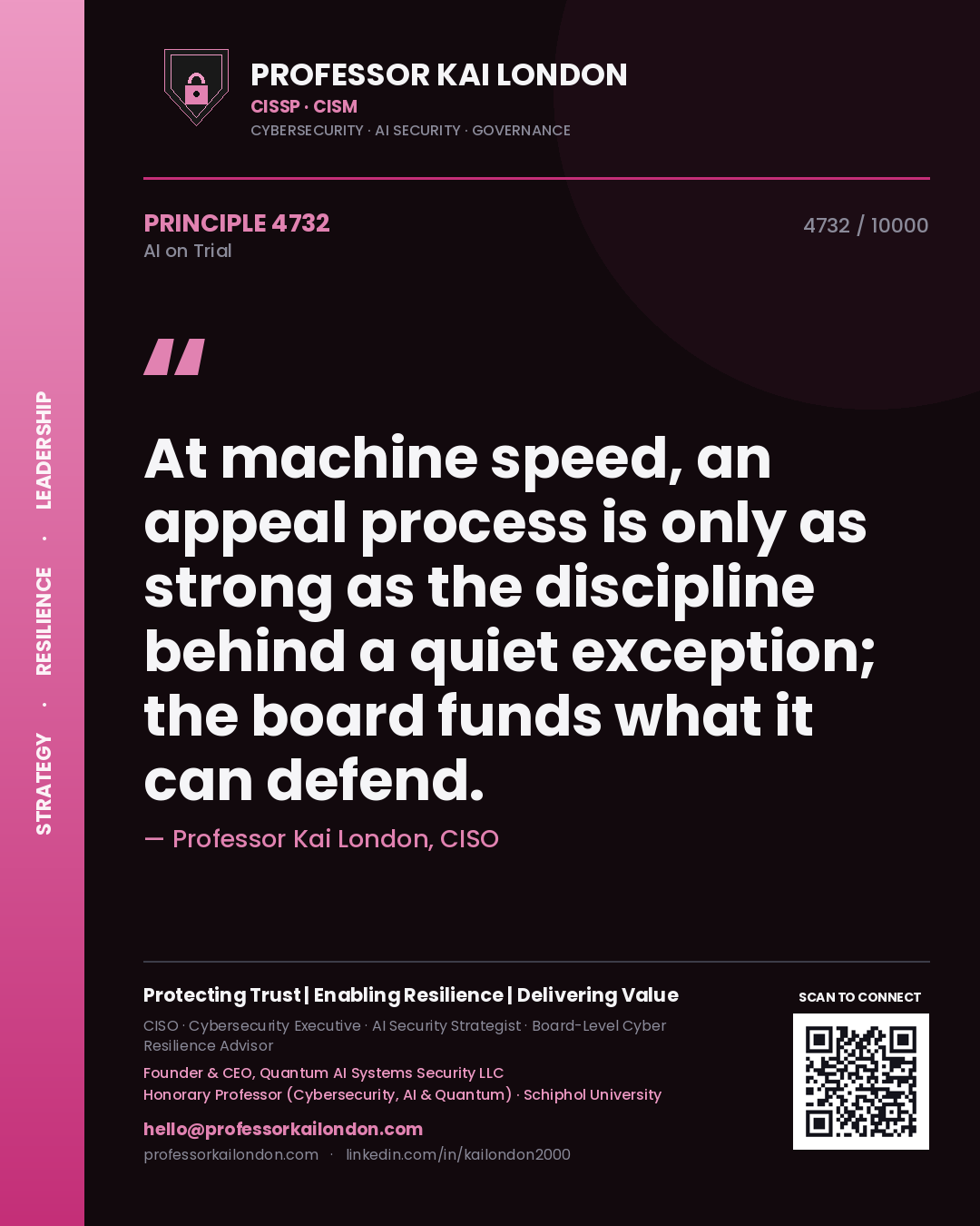 Quote card by Professor Kai London reading 'At machine speed, an appeal process is only as strong as the discipline behind a quiet exception; the board funds what it can defend.'. From the book AI on Trial.