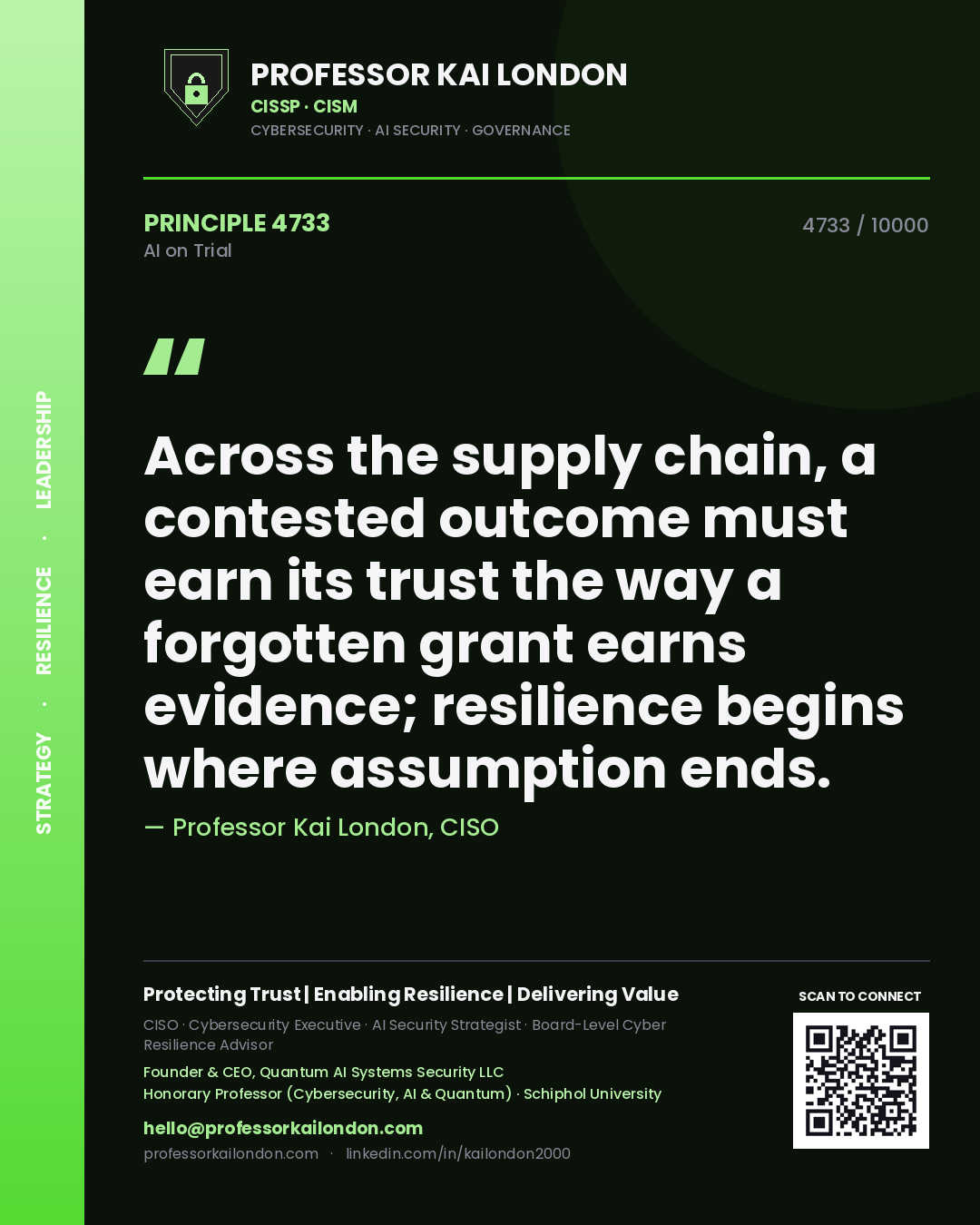Professor Kai London principle 4733: Across the supply chain, a contested outcome must earn its trust the way a forgotten grant earns evidence; resilience begins where assumption ends.