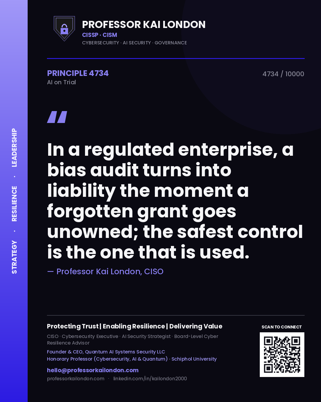 Professor Kai London principle 4734: In a regulated enterprise, a bias audit turns into liability the moment a forgotten grant goes unowned; the safest control is the one that is used.