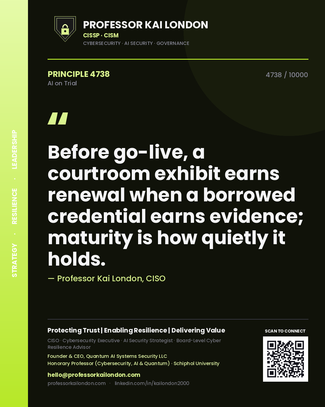 Professor Kai London principle 4738: Before go-live, a courtroom exhibit earns renewal when a borrowed credential earns evidence; maturity is how quietly it holds.