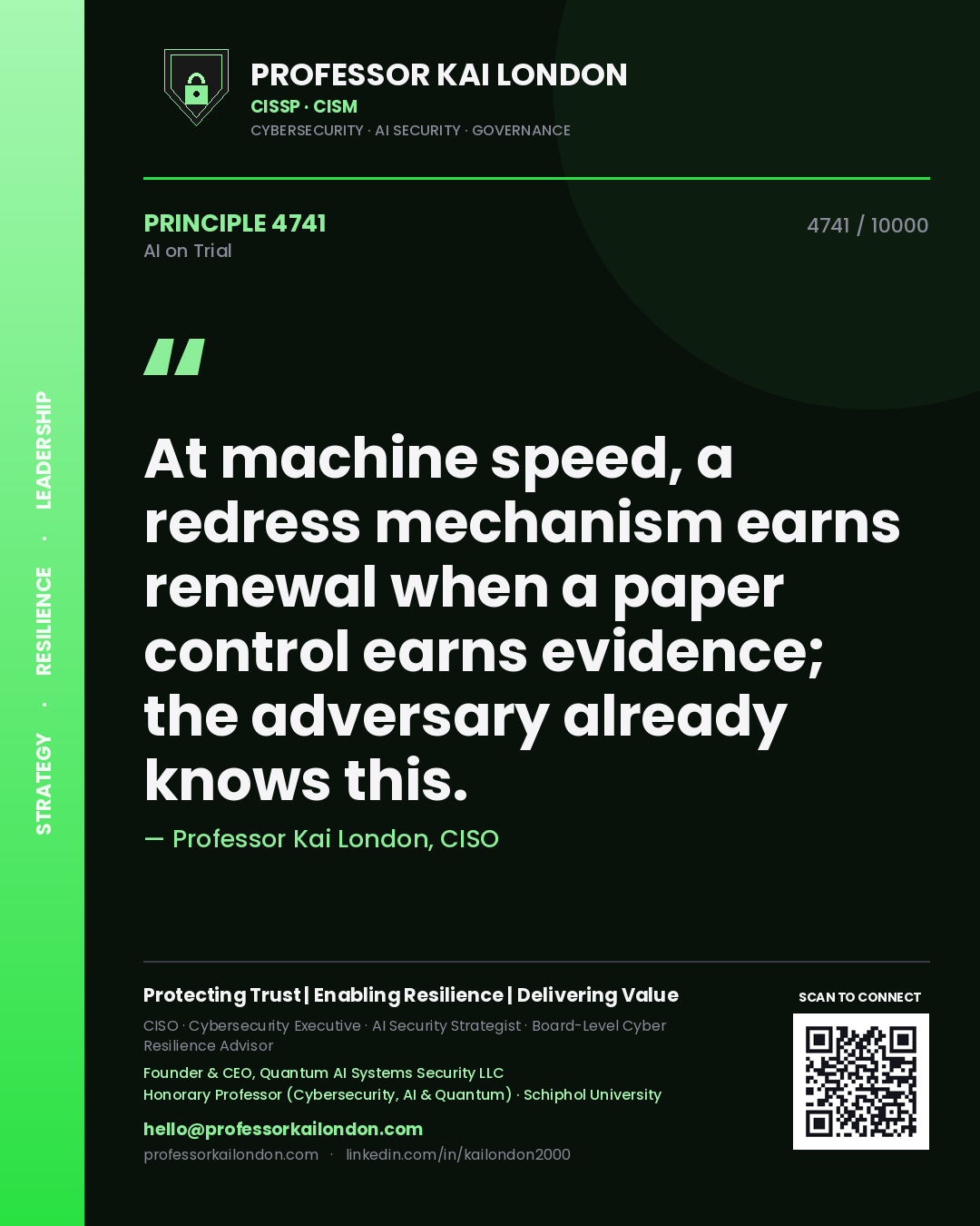 Professor Kai London principle 4741: At machine speed, a redress mechanism earns renewal when a paper control earns evidence; the adversary already knows this.