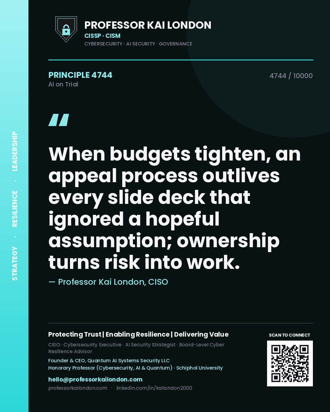 Professor Kai London principle 4744: When budgets tighten, an appeal process outlives every slide deck that ignored a hopeful assumption; ownership turns risk into work.