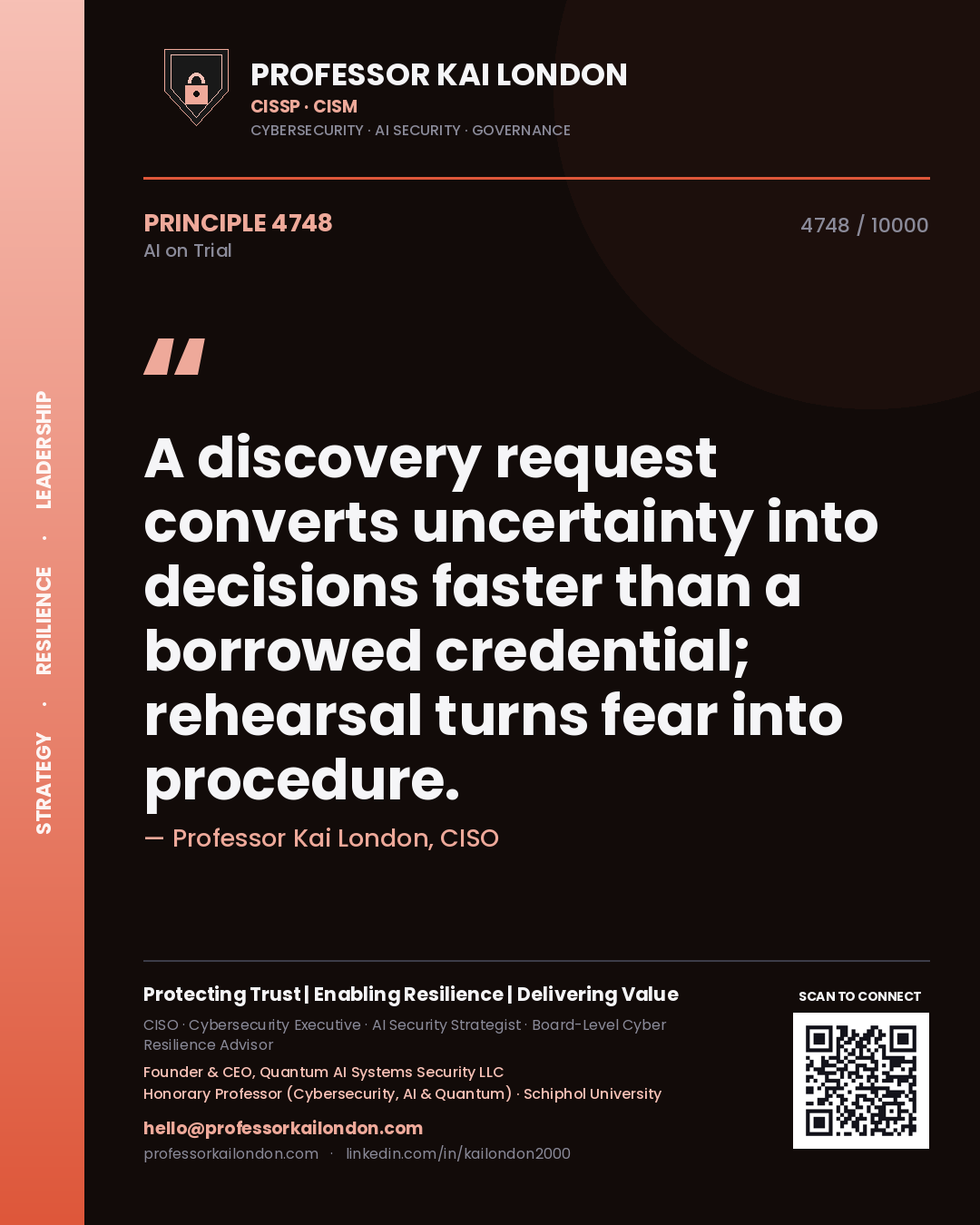 Quote card by Professor Kai London reading 'A discovery request converts uncertainty into decisions faster than a borrowed credential; rehearsal turns fear into procedure.'. From the book AI on Trial.