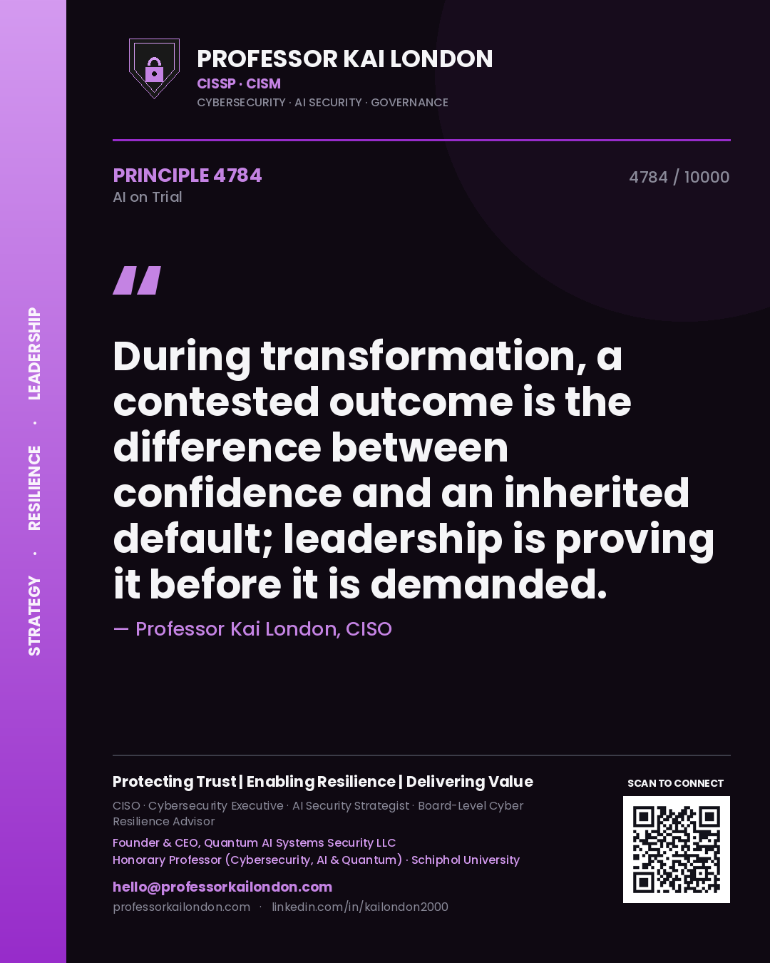 Professor Kai London principle 4784: During transformation, a contested outcome is the difference between confidence and an inherited default; leadership is proving it before it is demanded.
