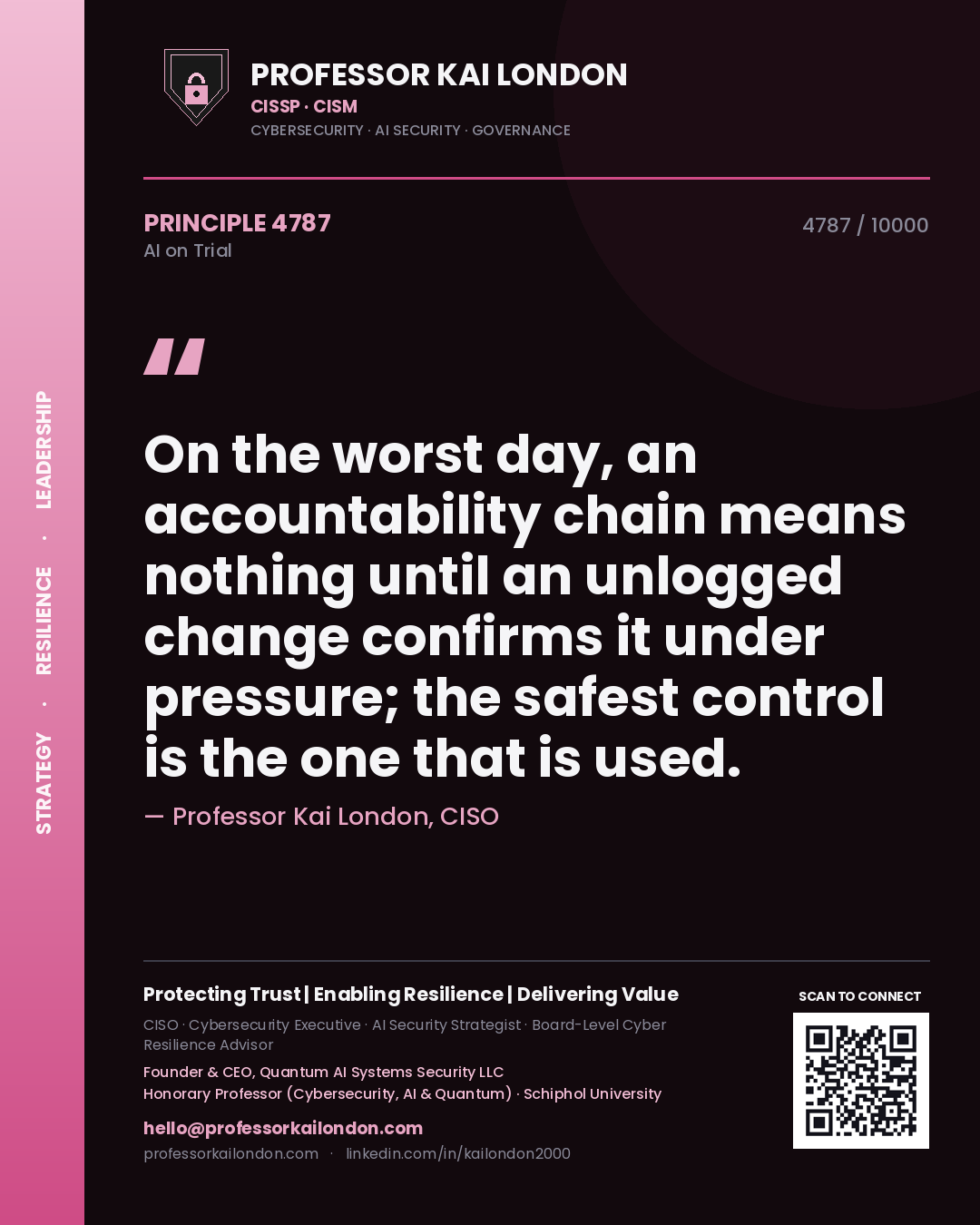 Professor Kai London principle 4787: On the worst day, an accountability chain means nothing until an unlogged change confirms it under pressure; the safest control is the one that is used.