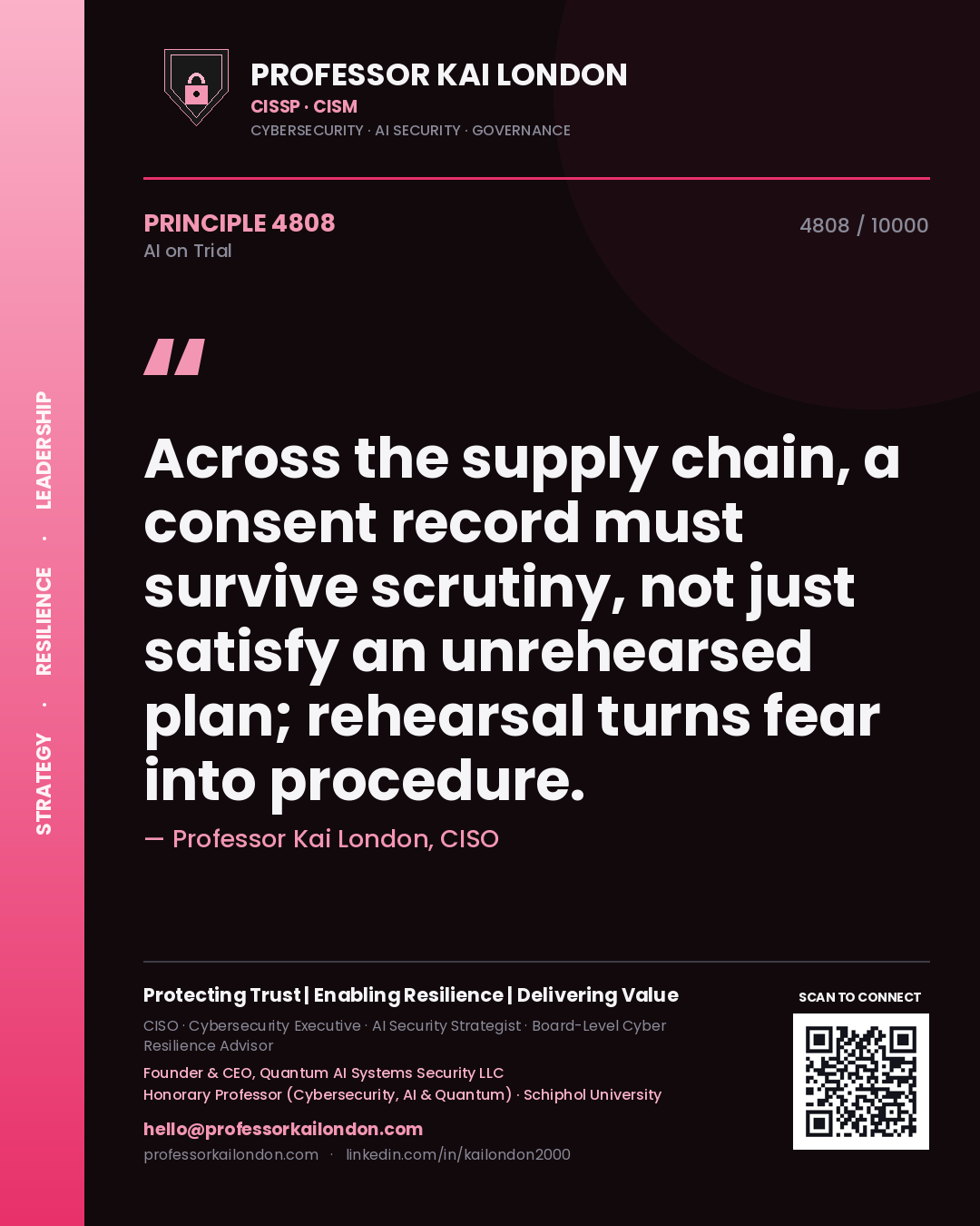 Quote card by Professor Kai London reading 'Across the supply chain, a consent record must survive scrutiny, not just satisfy an unrehearsed plan; rehearsal turns fear into procedure.'. From the book AI on Trial.
