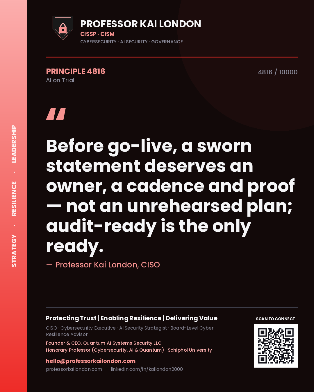 Professor Kai London principle 4816: Before go-live, a sworn statement deserves an owner, a cadence and proof — not an unrehearsed plan; audit-ready is the only ready.