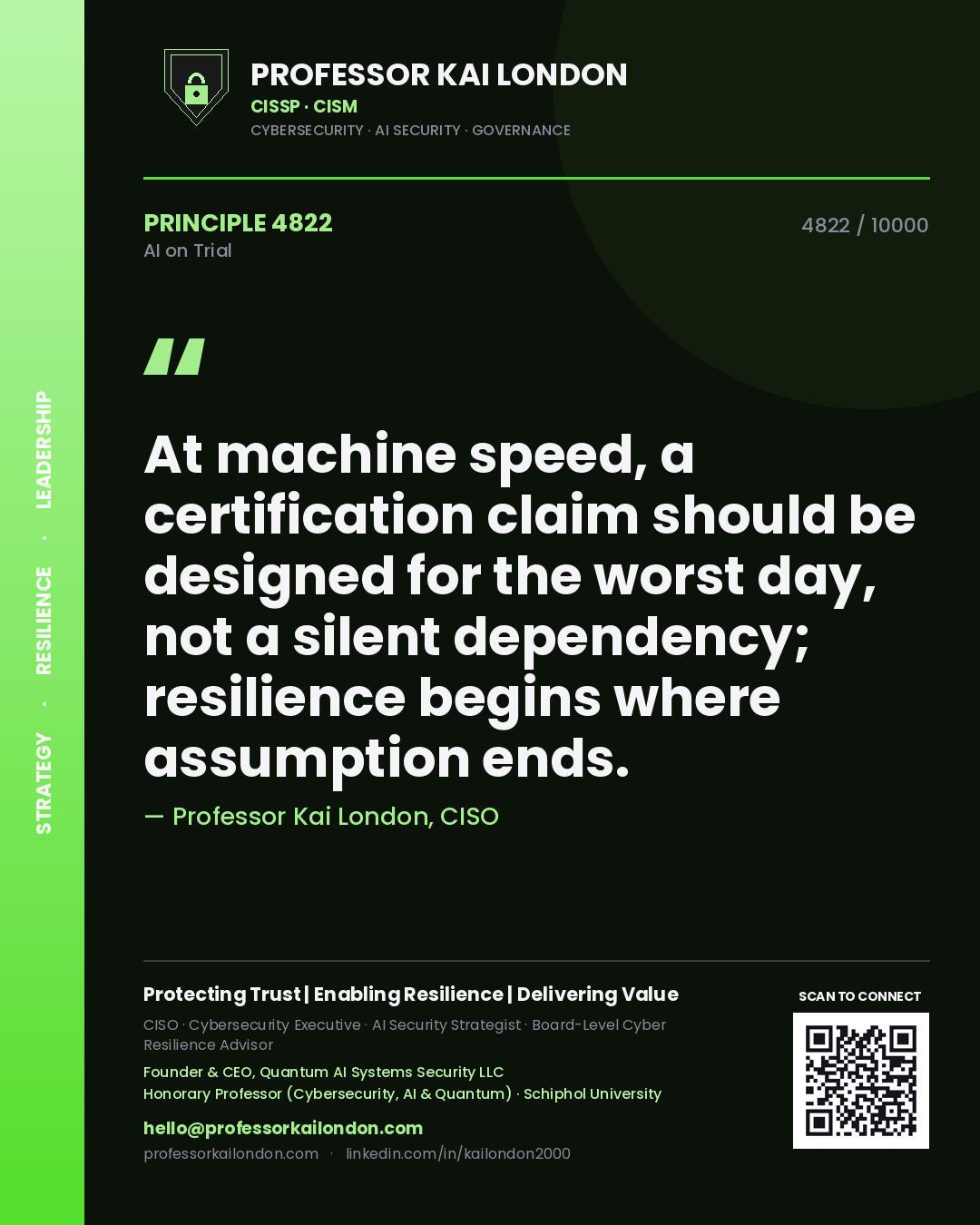 Quote card by Professor Kai London reading 'At machine speed, a certification claim should be designed for the worst day, not a silent dependency; resilience begins where assumption ends.'. From the book AI on Trial.