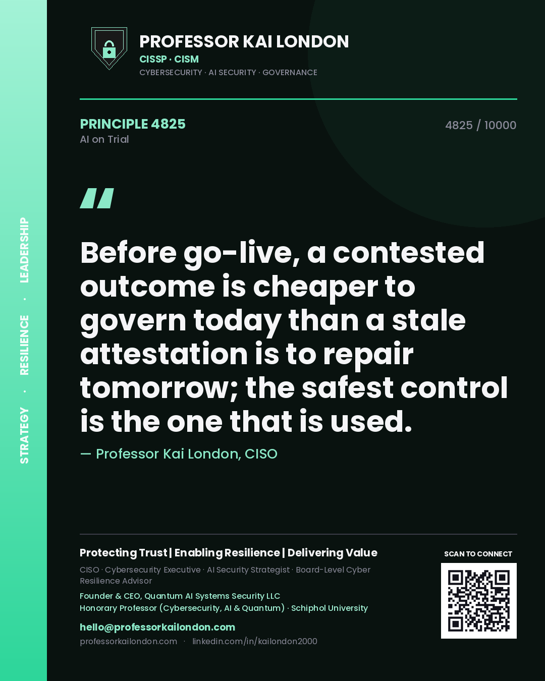 Quote card by Professor Kai London reading 'Before go-live, a contested outcome is cheaper to govern today than a stale attestation is to repair tomorrow; the safest control is the one that is used.'. From the book AI on Trial.
