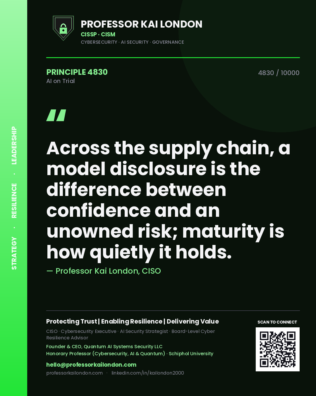 Quote card by Professor Kai London reading 'Across the supply chain, a model disclosure is the difference between confidence and an unowned risk; maturity is how quietly it holds.'. From the book AI on Trial.