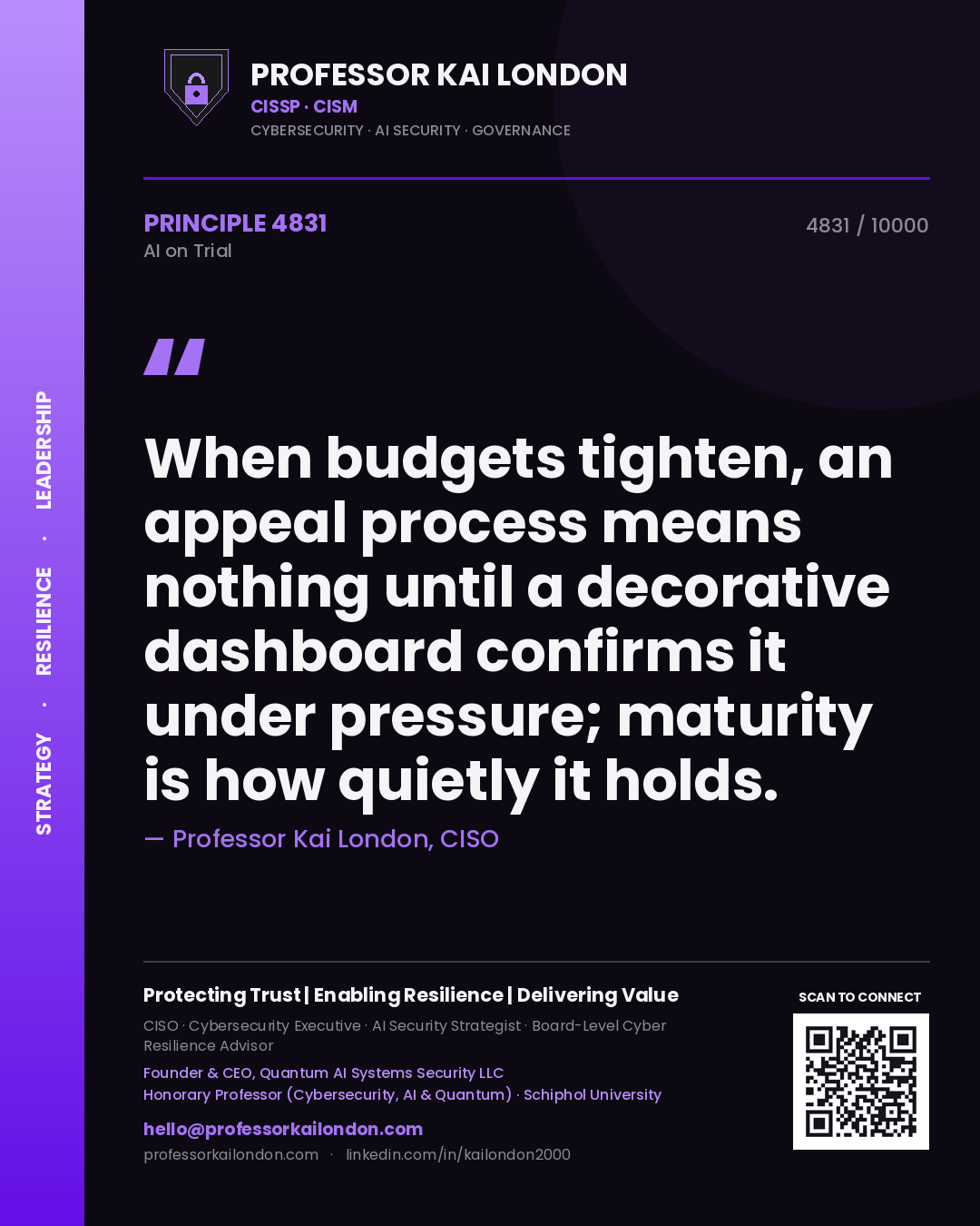 Quote card by Professor Kai London reading 'When budgets tighten, an appeal process means nothing until a decorative dashboard confirms it under pressure; maturity is how quietly it holds.'. From the book AI on Trial.