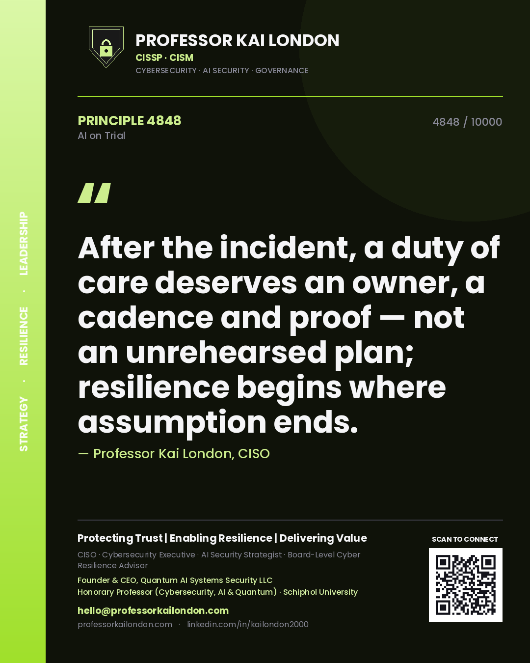 Quote card by Professor Kai London reading 'After the incident, a duty of care deserves an owner, a cadence and proof — not an unrehearsed plan; resilience begins where assumption ends.'. From the book AI on Trial.