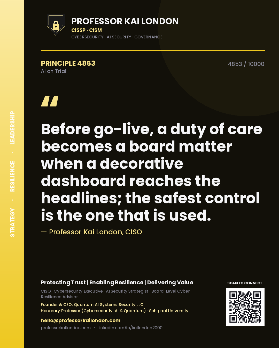 Professor Kai London principle 4853: Before go-live, a duty of care becomes a board matter when a decorative dashboard reaches the headlines; the safest control is the one that is used.