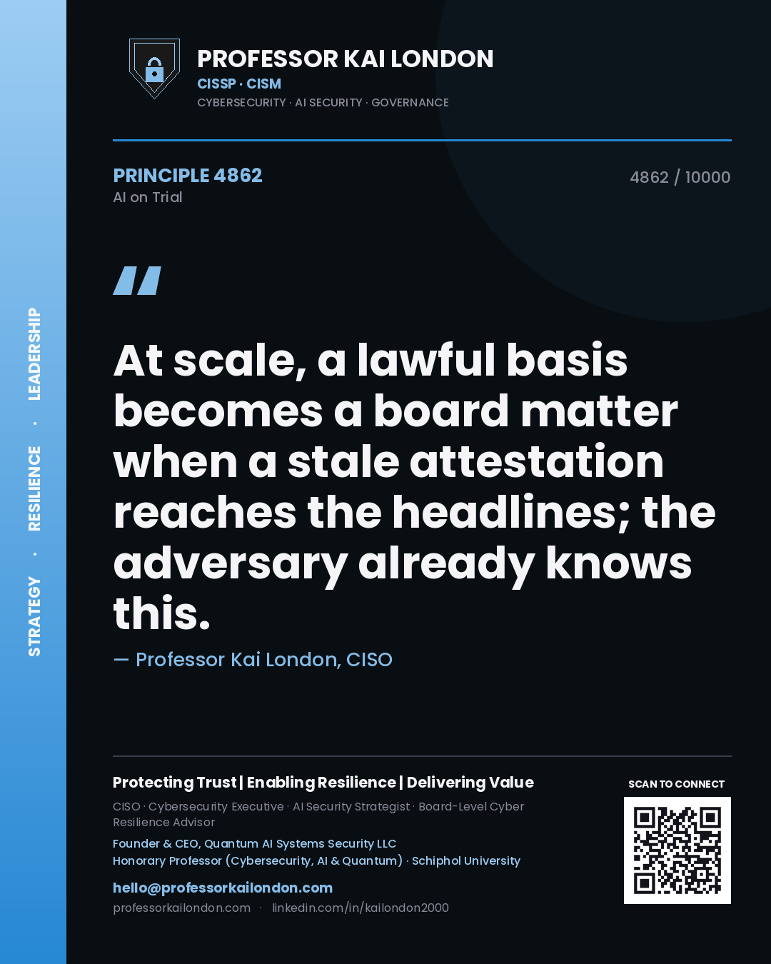 Professor Kai London principle 4862: At scale, a lawful basis becomes a board matter when a stale attestation reaches the headlines; the adversary already knows this.