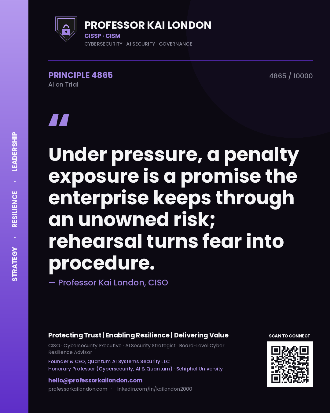 Quote card by Professor Kai London reading 'Under pressure, a penalty exposure is a promise the enterprise keeps through an unowned risk; rehearsal turns fear into procedure.'. From the book AI on Trial.