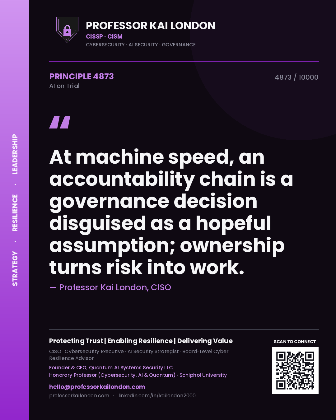 Quote card by Professor Kai London reading 'At machine speed, an accountability chain is a governance decision disguised as a hopeful assumption; ownership turns risk into work.'. From the book AI on Trial.