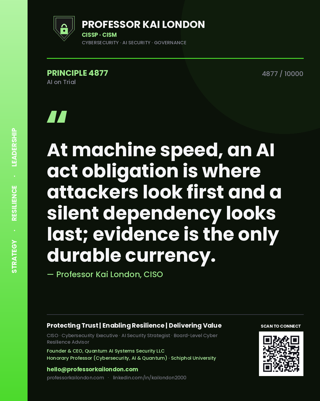 Quote card by Professor Kai London reading 'At machine speed, an AI act obligation is where attackers look first and a silent dependency looks last; evidence is the only durable currency.'. From the book AI on Trial.