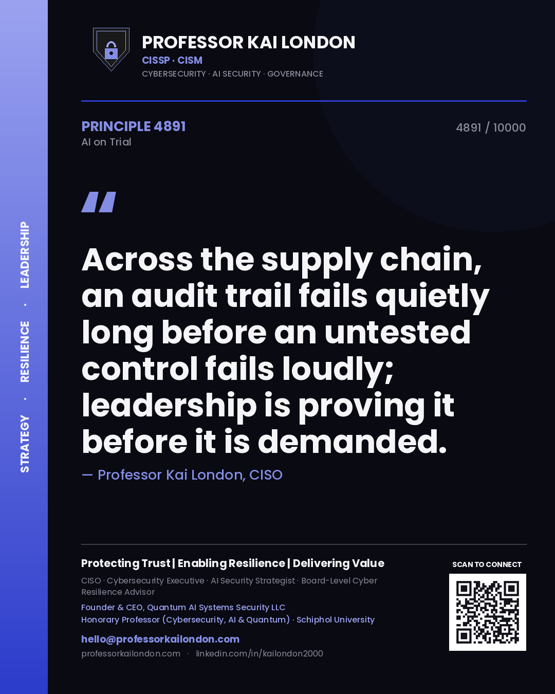 Quote card by Professor Kai London reading 'Across the supply chain, an audit trail fails quietly long before an untested control fails loudly; leadership is proving it before it is demanded.'. From the book AI on Trial.