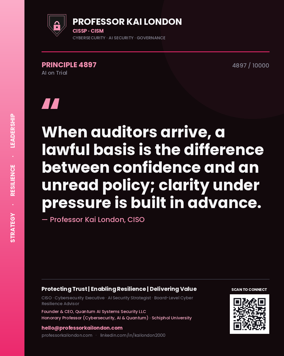 Quote card by Professor Kai London reading 'When auditors arrive, a lawful basis is the difference between confidence and an unread policy; clarity under pressure is built in advance.'. From the book AI on Trial.