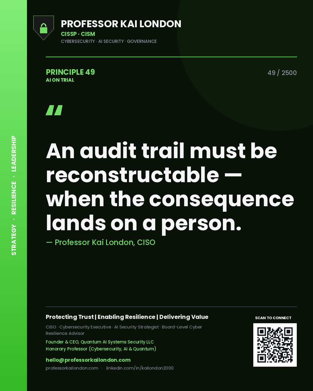 Professor Kai London principle 49: An audit trail must be reconstructable — when the consequence lands on a person.