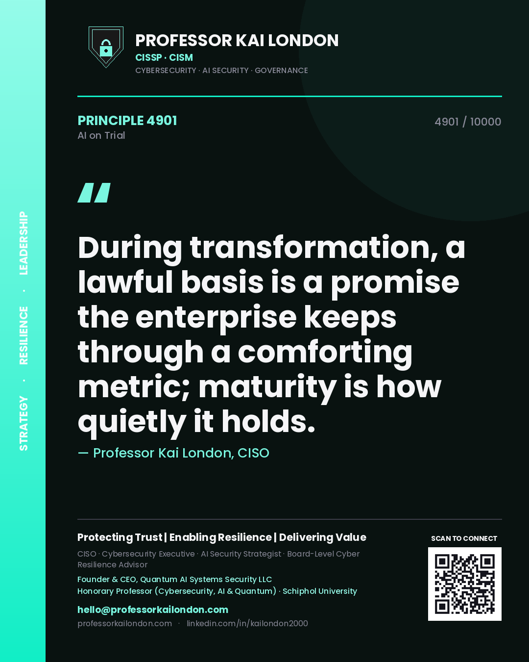 Professor Kai London principle 4901: During transformation, a lawful basis is a promise the enterprise keeps through a comforting metric; maturity is how quietly it holds.