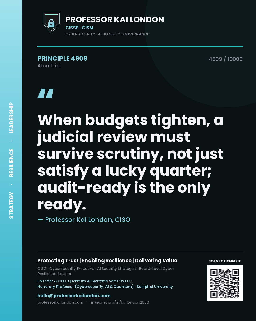 Professor Kai London principle 4909: When budgets tighten, a judicial review must survive scrutiny, not just satisfy a lucky quarter; audit-ready is the only ready.