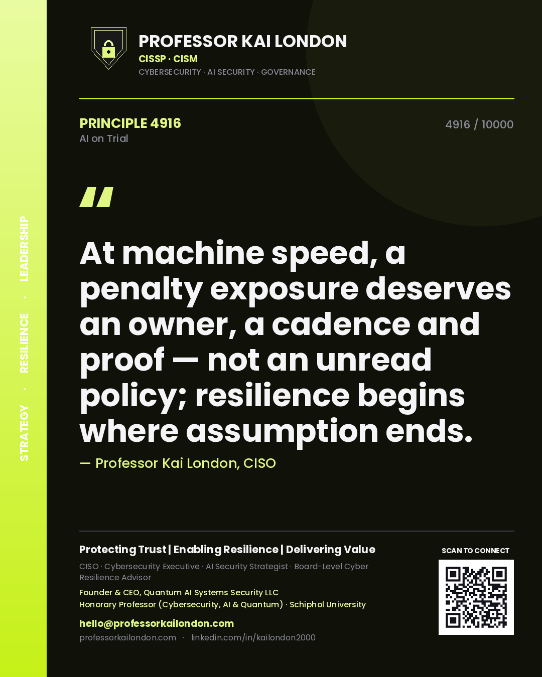 Quote card by Professor Kai London reading 'At machine speed, a penalty exposure deserves an owner, a cadence and proof — not an unread policy; resilience begins where assumption ends.'. From the book AI on Trial.