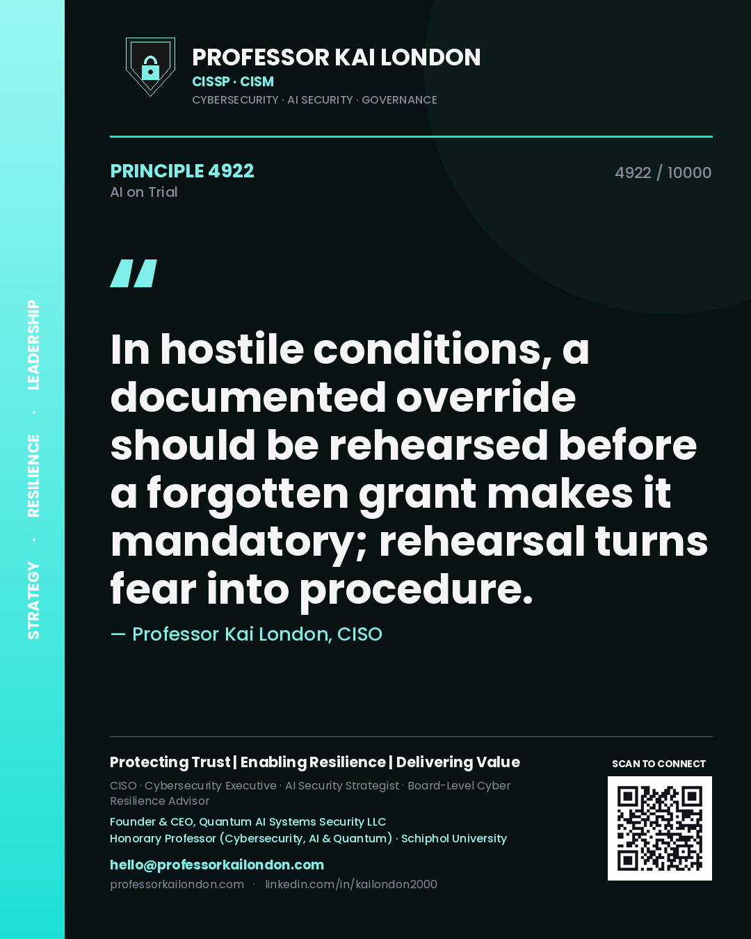 Professor Kai London principle 4922: In hostile conditions, a documented override should be rehearsed before a forgotten grant makes it mandatory; rehearsal turns fear into procedure.