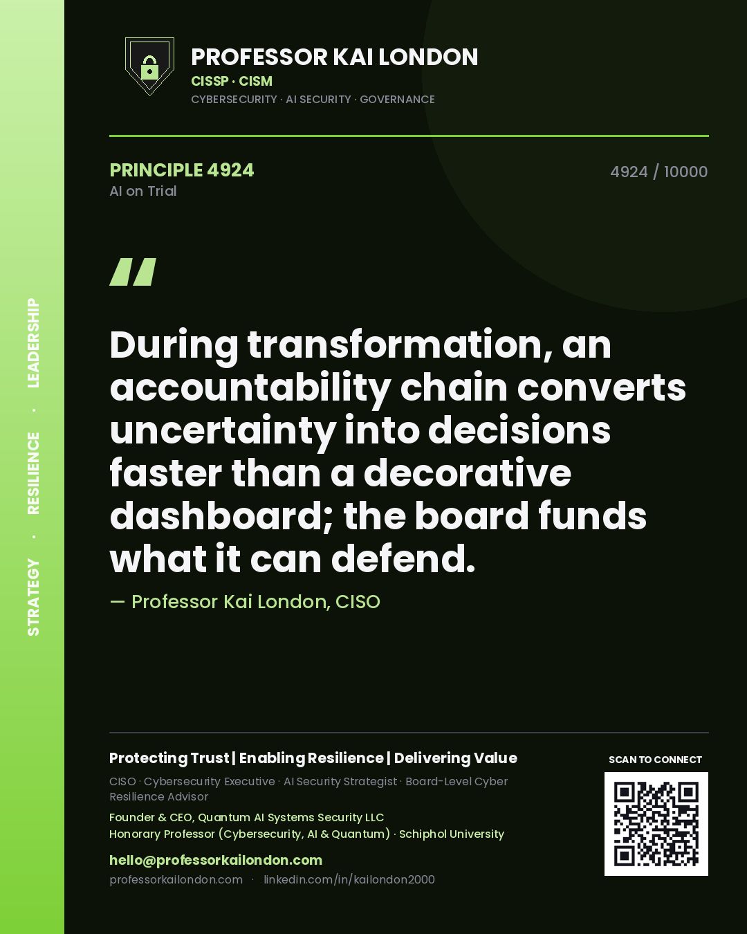 Quote card by Professor Kai London reading 'During transformation, an accountability chain converts uncertainty into decisions faster than a decorative dashboard; the board funds what it can defend.'. From the book AI on Trial.