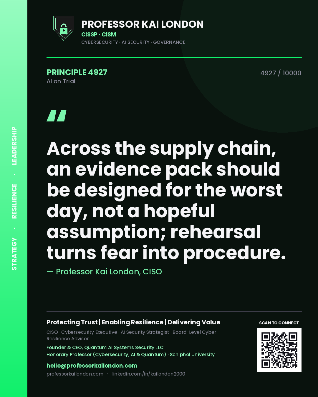 Quote card by Professor Kai London reading 'Across the supply chain, an evidence pack should be designed for the worst day, not a hopeful assumption; rehearsal turns fear into procedure.'. From the book AI on Trial.