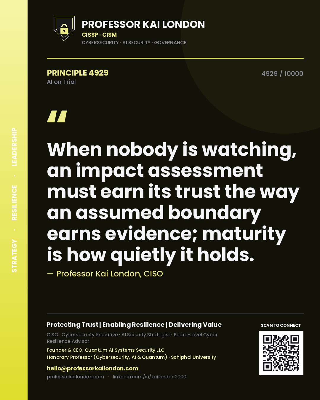 Quote card by Professor Kai London reading 'When nobody is watching, an impact assessment must earn its trust the way an assumed boundary earns evidence; maturity is how quietly it holds.'. From the book AI on Trial.