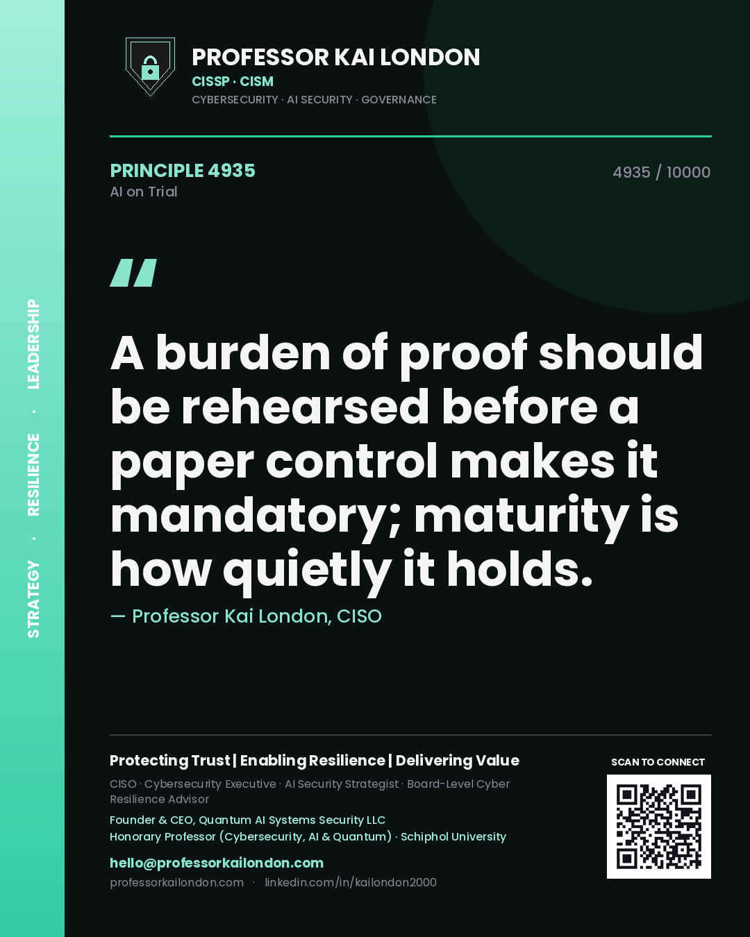 Quote card by Professor Kai London reading 'A burden of proof should be rehearsed before a paper control makes it mandatory; maturity is how quietly it holds.'. From the book AI on Trial.