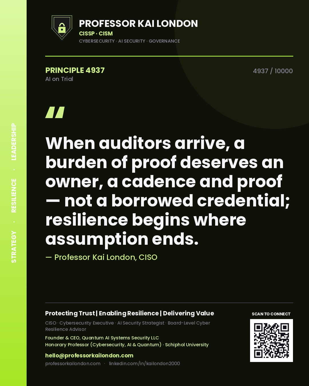 Professor Kai London principle 4937: When auditors arrive, a burden of proof deserves an owner, a cadence and proof — not a borrowed credential; resilience begins where assumption ends.