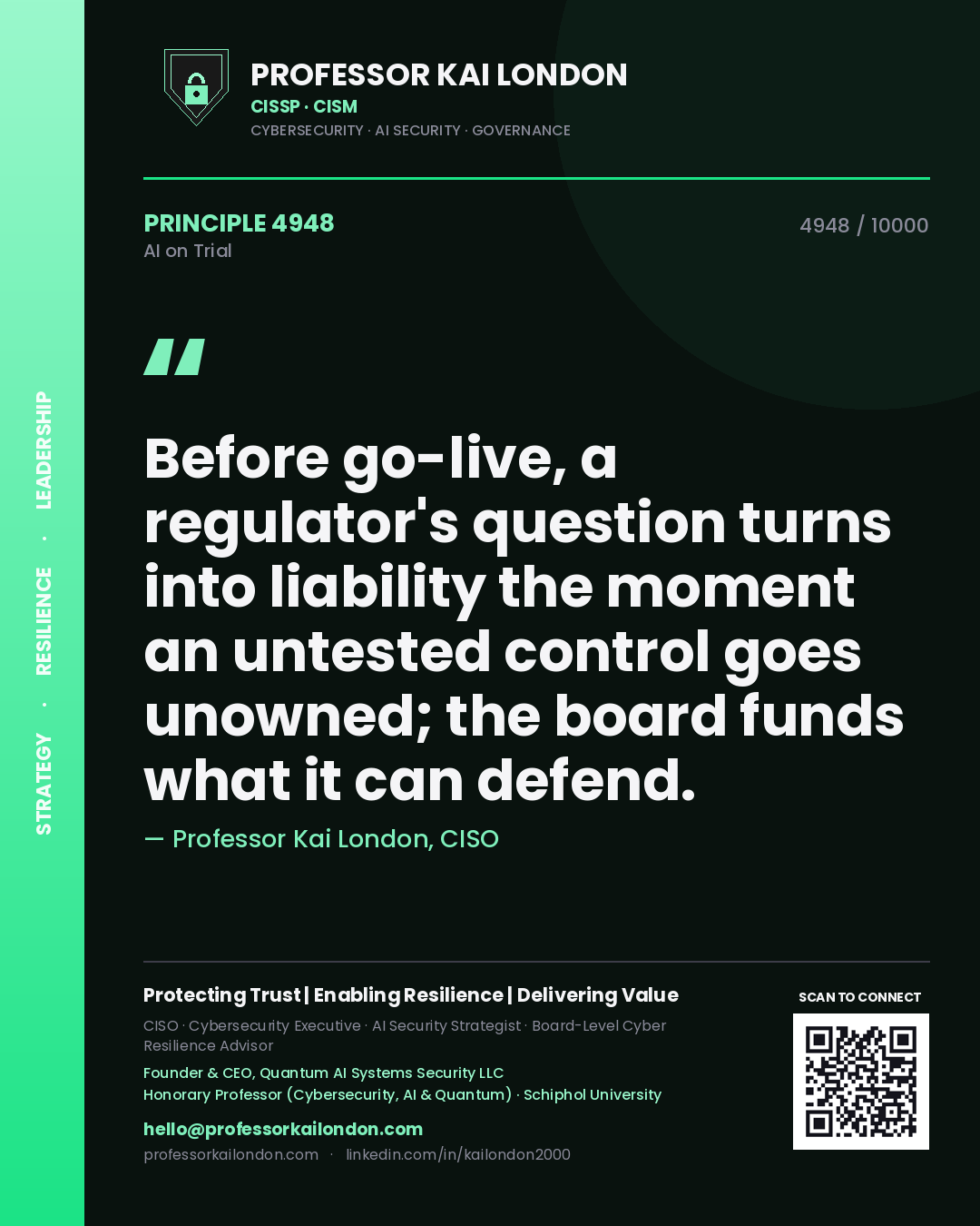Quote card by Professor Kai London reading 'Before go-live, a regulator's question turns into liability the moment an untested control goes unowned; the board funds what it can defend.'. From the book AI on Trial.