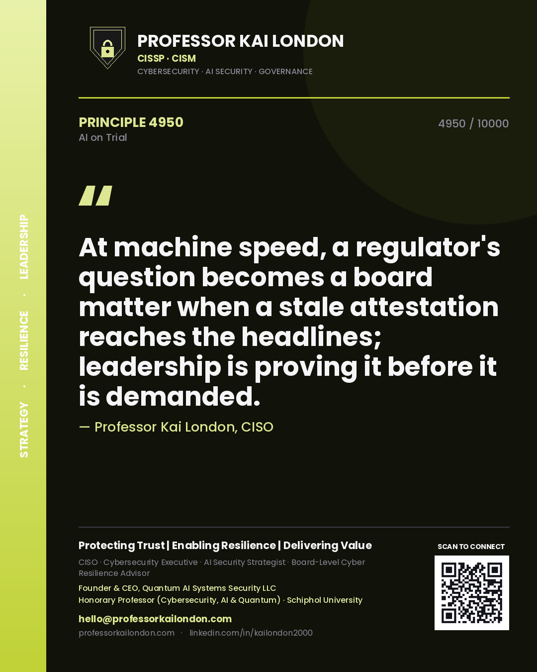 Quote card by Professor Kai London reading 'At machine speed, a regulator's question becomes a board matter when a stale attestation reaches the headlines; leadership is proving it before it is demanded.'. From the book AI on Trial.