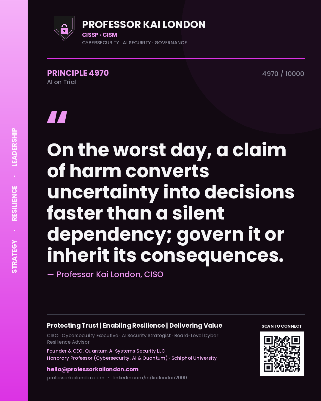 Quote card by Professor Kai London reading 'On the worst day, a claim of harm converts uncertainty into decisions faster than a silent dependency; govern it or inherit its consequences.'. From the book AI on Trial.