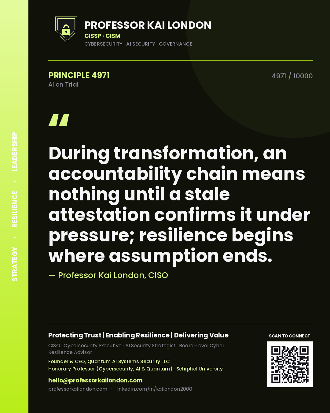 Quote card by Professor Kai London reading 'During transformation, an accountability chain means nothing until a stale attestation confirms it under pressure; resilience begins where assumption ends.'. From the book AI on Trial.