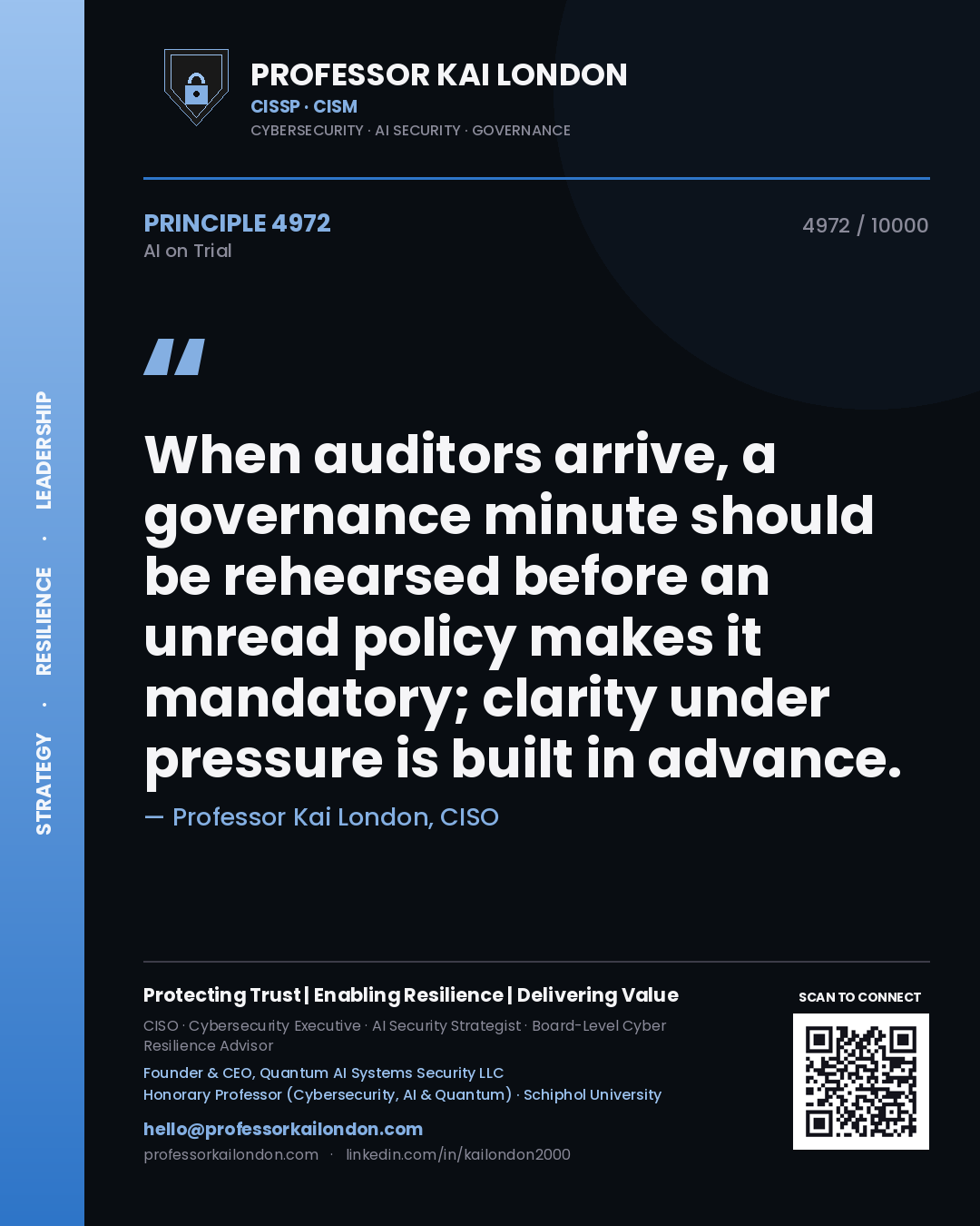 Professor Kai London principle 4972: When auditors arrive, a governance minute should be rehearsed before an unread policy makes it mandatory; clarity under pressure is built in advance.