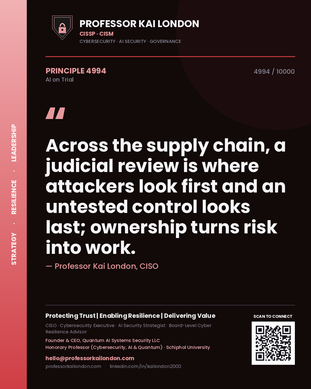 Quote card by Professor Kai London reading 'Across the supply chain, a judicial review is where attackers look first and an untested control looks last; ownership turns risk into work.'. From the book AI on Trial.