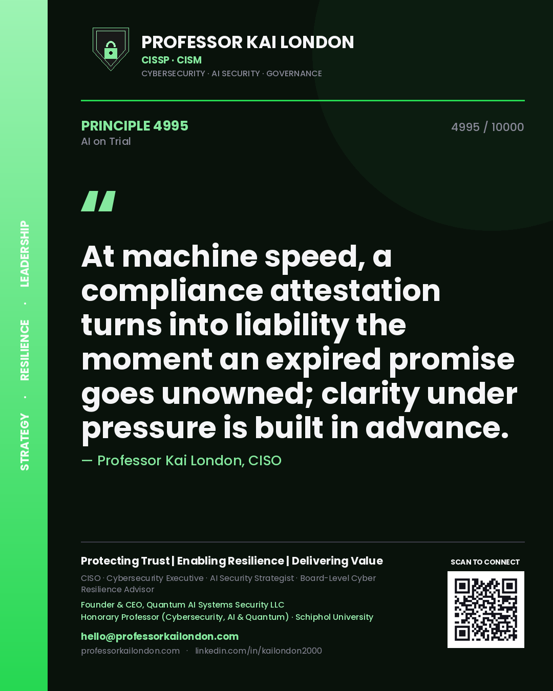 Quote card by Professor Kai London reading 'At machine speed, a compliance attestation turns into liability the moment an expired promise goes unowned; clarity under pressure is built in advance.'. From the book AI on Trial.