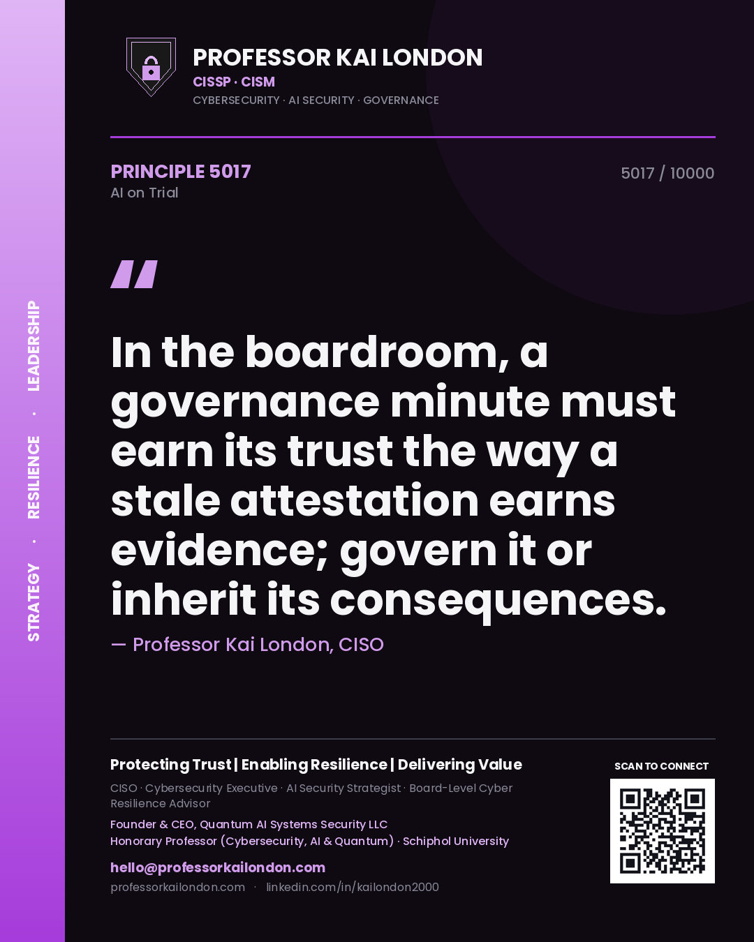 Quote card by Professor Kai London reading 'In the boardroom, a governance minute must earn its trust the way a stale attestation earns evidence; govern it or inherit its consequences.'. From the book AI on Trial.