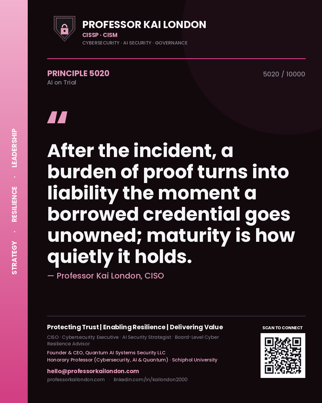 Quote card by Professor Kai London reading 'After the incident, a burden of proof turns into liability the moment a borrowed credential goes unowned; maturity is how quietly it holds.'. From the book AI on Trial.