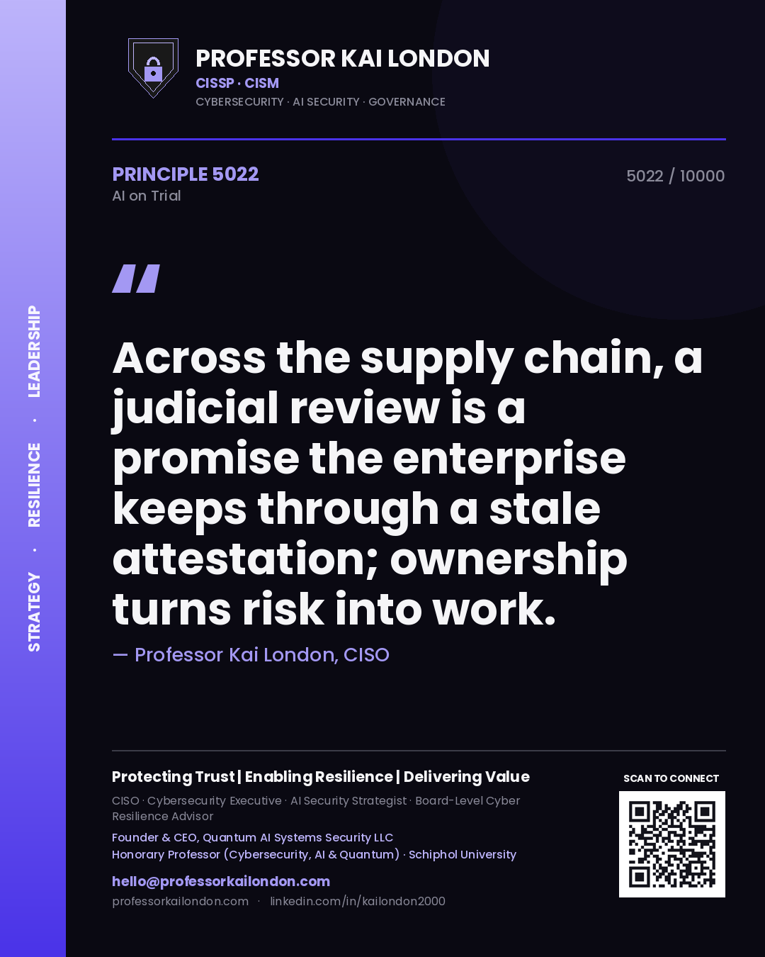 Quote card by Professor Kai London reading 'Across the supply chain, a judicial review is a promise the enterprise keeps through a stale attestation; ownership turns risk into work.'. From the book AI on Trial.