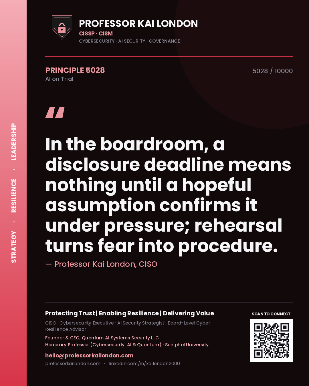 Quote card by Professor Kai London reading 'In the boardroom, a disclosure deadline means nothing until a hopeful assumption confirms it under pressure; rehearsal turns fear into procedure.'. From the book AI on Trial.