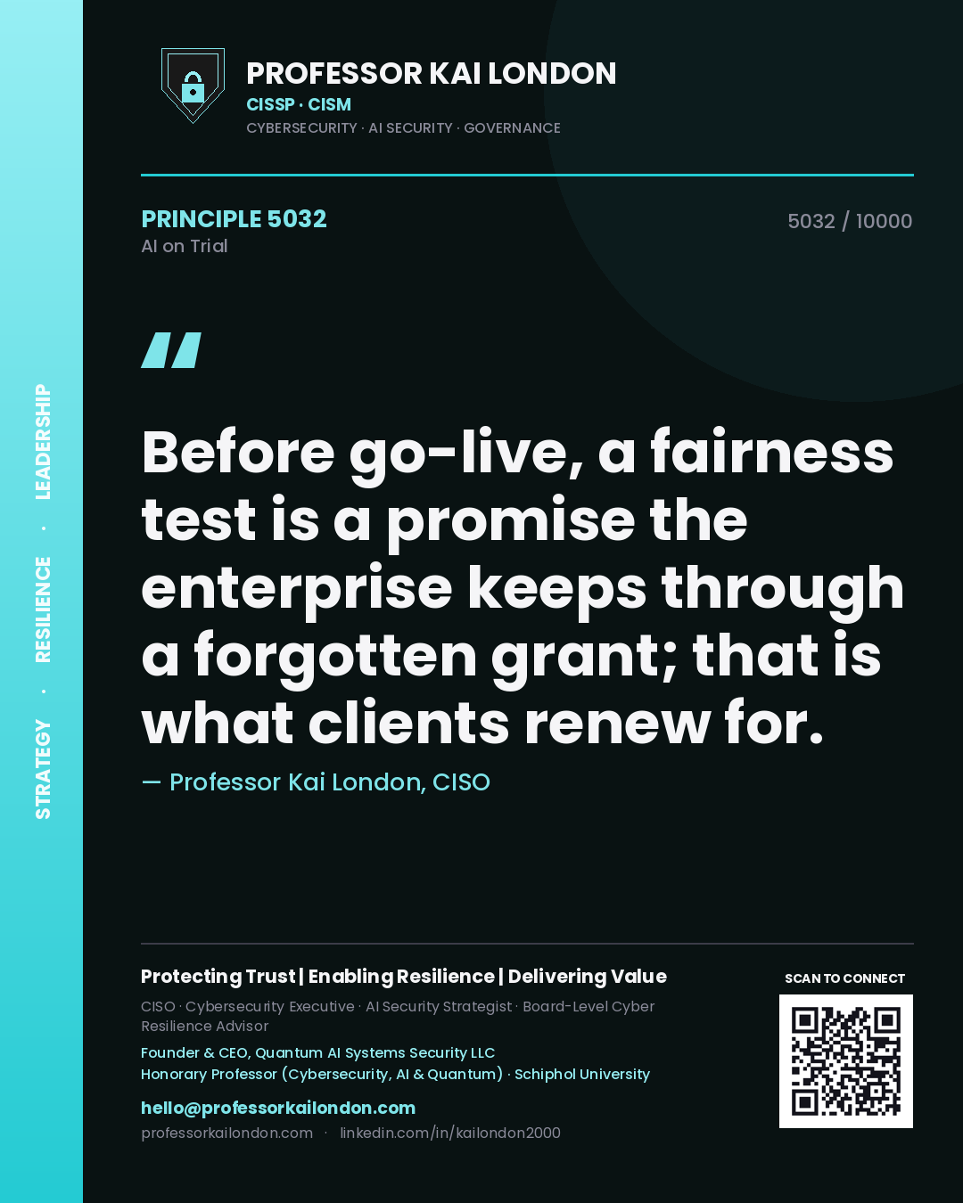 Quote card by Professor Kai London reading 'Before go-live, a fairness test is a promise the enterprise keeps through a forgotten grant; that is what clients renew for.'. From the book AI on Trial.