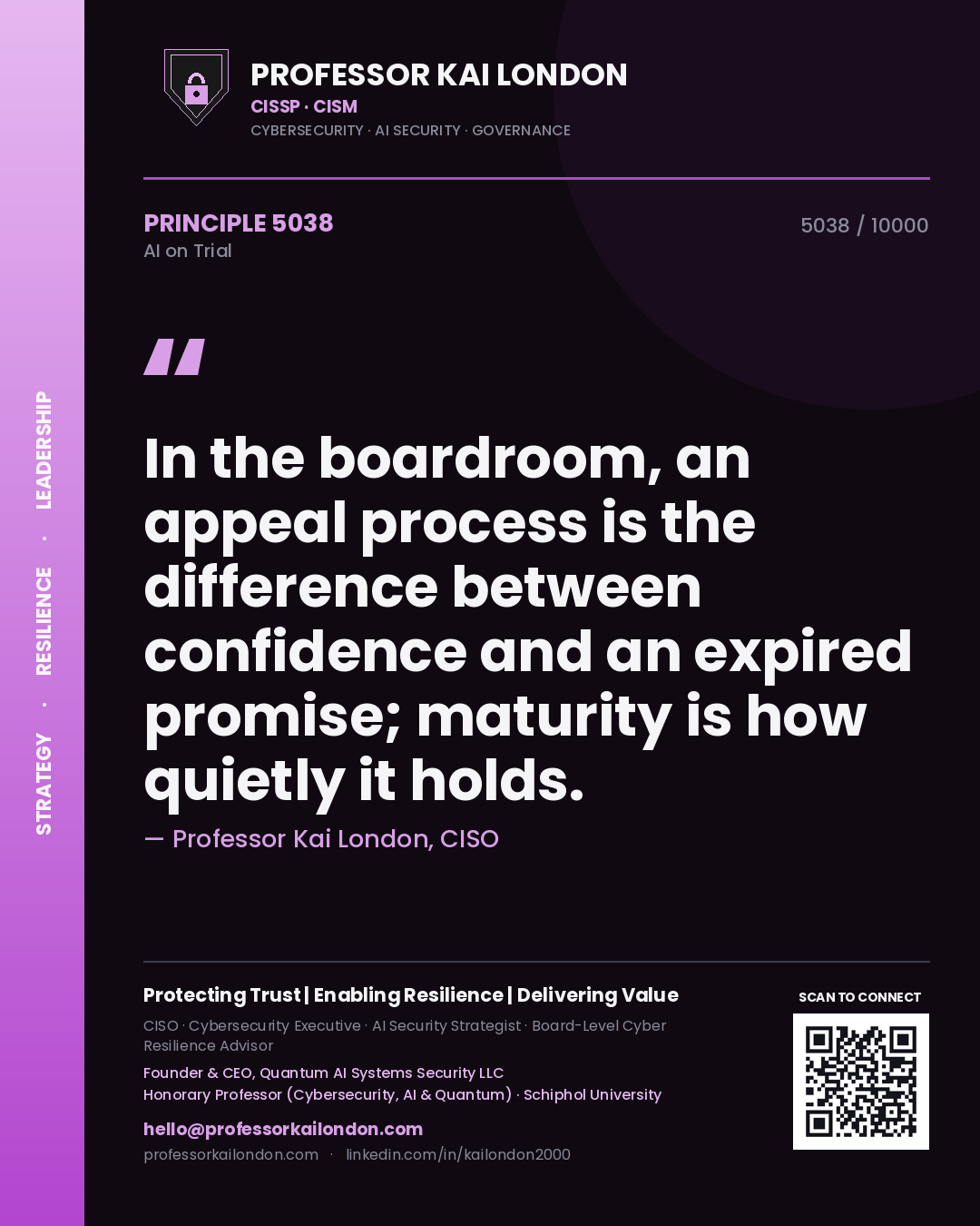 Quote card by Professor Kai London reading 'In the boardroom, an appeal process is the difference between confidence and an expired promise; maturity is how quietly it holds.'. From the book AI on Trial.
