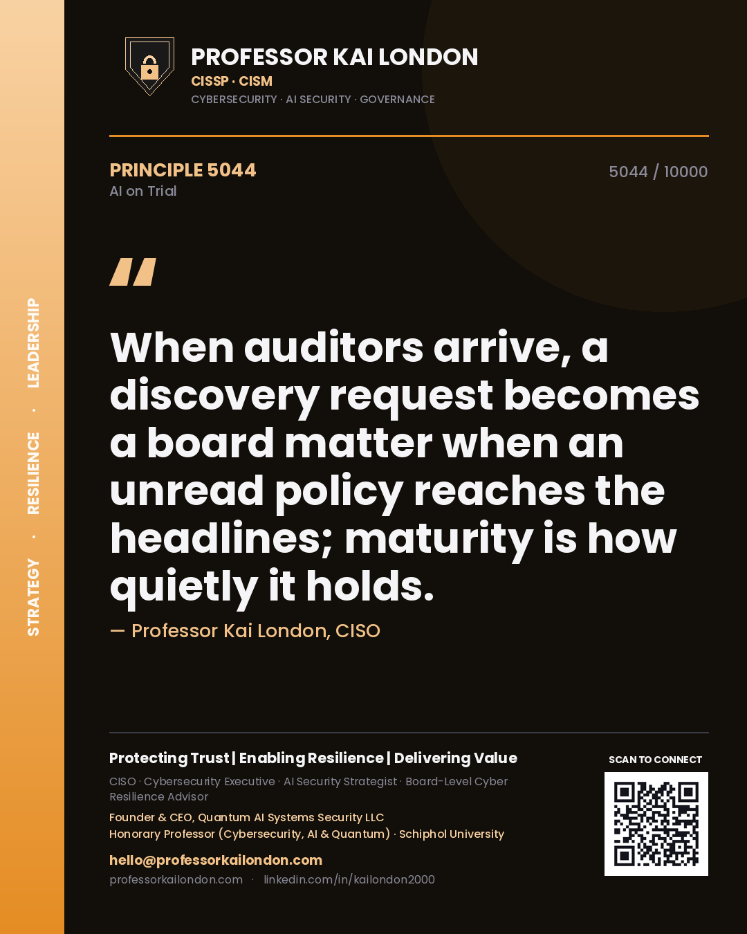 Professor Kai London principle 5044: When auditors arrive, a discovery request becomes a board matter when an unread policy reaches the headlines; maturity is how quietly it holds.